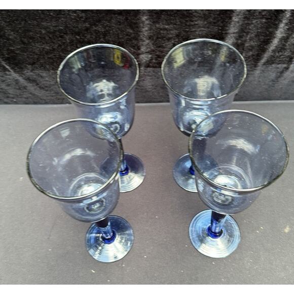 4 Beautiful Handblown Long Stem Wine Goblets Blue Dark Blue Stems 9" Tall - Picture 5 of 10